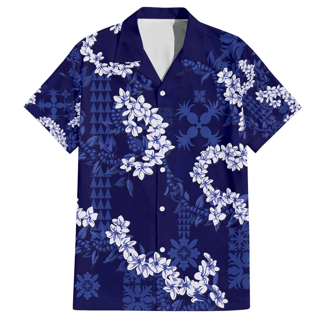 Mokihana Maile and Ilima Leis Family Matching Off Shoulder Maxi Dress and Hawaiian Shirt Uliuli Hawaiian Tapa Quilt Pattern LT9 Dad's Shirt - Short Sleeve Blue - Polynesian Pride