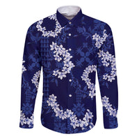 Mokihana Maile and Ilima Leis Family Matching Off Shoulder Maxi Dress and Hawaiian Shirt Uliuli Hawaiian Tapa Quilt Pattern LT9 Dad's Shirt - Long Sleeve Blue - Polynesian Pride