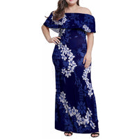 Mokihana Maile and Ilima Leis Family Matching Off Shoulder Maxi Dress and Hawaiian Shirt Uliuli Hawaiian Tapa Quilt Pattern LT9 Mom's Dress Blue - Polynesian Pride