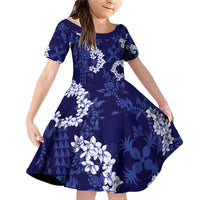 Mokihana Maile and Ilima Leis Family Matching Off Shoulder Short Dress and Hawaiian Shirt Uliuli Hawaiian Tapa Quilt Pattern LT9 Daughter's Dress Blue - Polynesian Pride