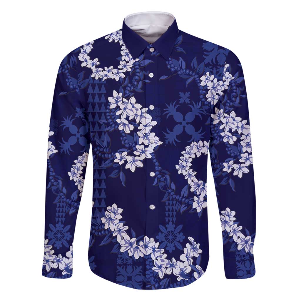 Mokihana Maile and Ilima Leis Family Matching Off Shoulder Short Dress and Hawaiian Shirt Uliuli Hawaiian Tapa Quilt Pattern LT9 Dad's Shirt - Long Sleeve Blue - Polynesian Pride