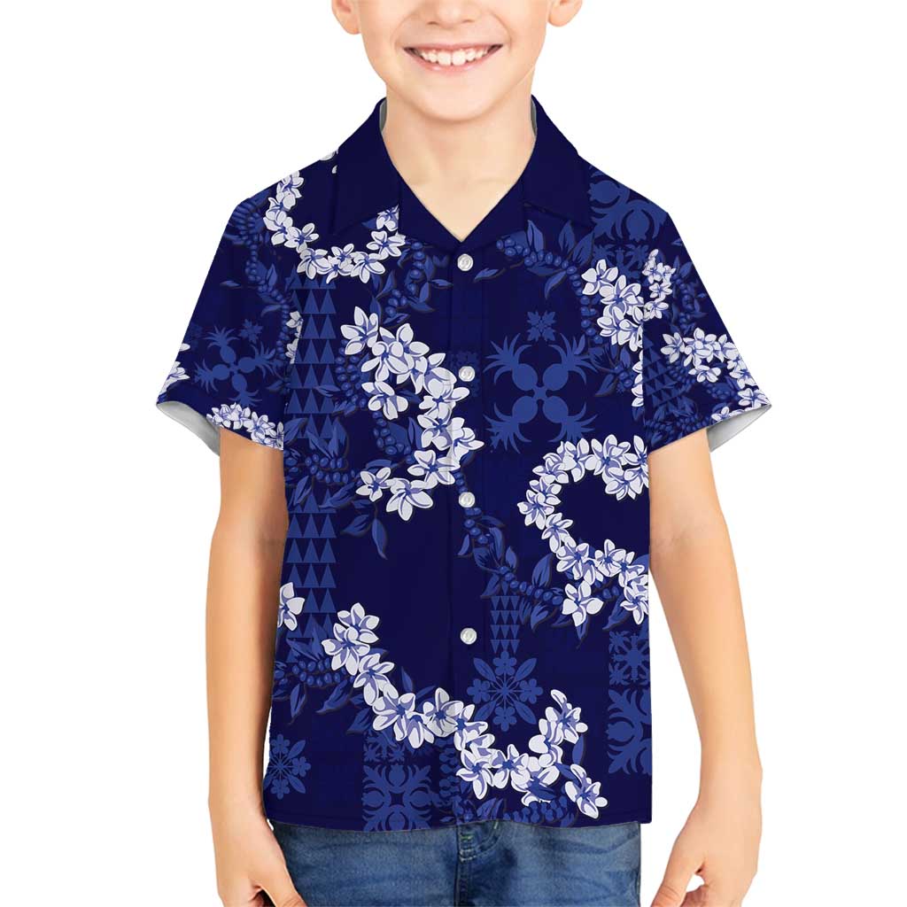 Mokihana Maile and Ilima Leis Family Matching Off Shoulder Short Dress and Hawaiian Shirt Uliuli Hawaiian Tapa Quilt Pattern LT9 Son's Shirt Blue - Polynesian Pride