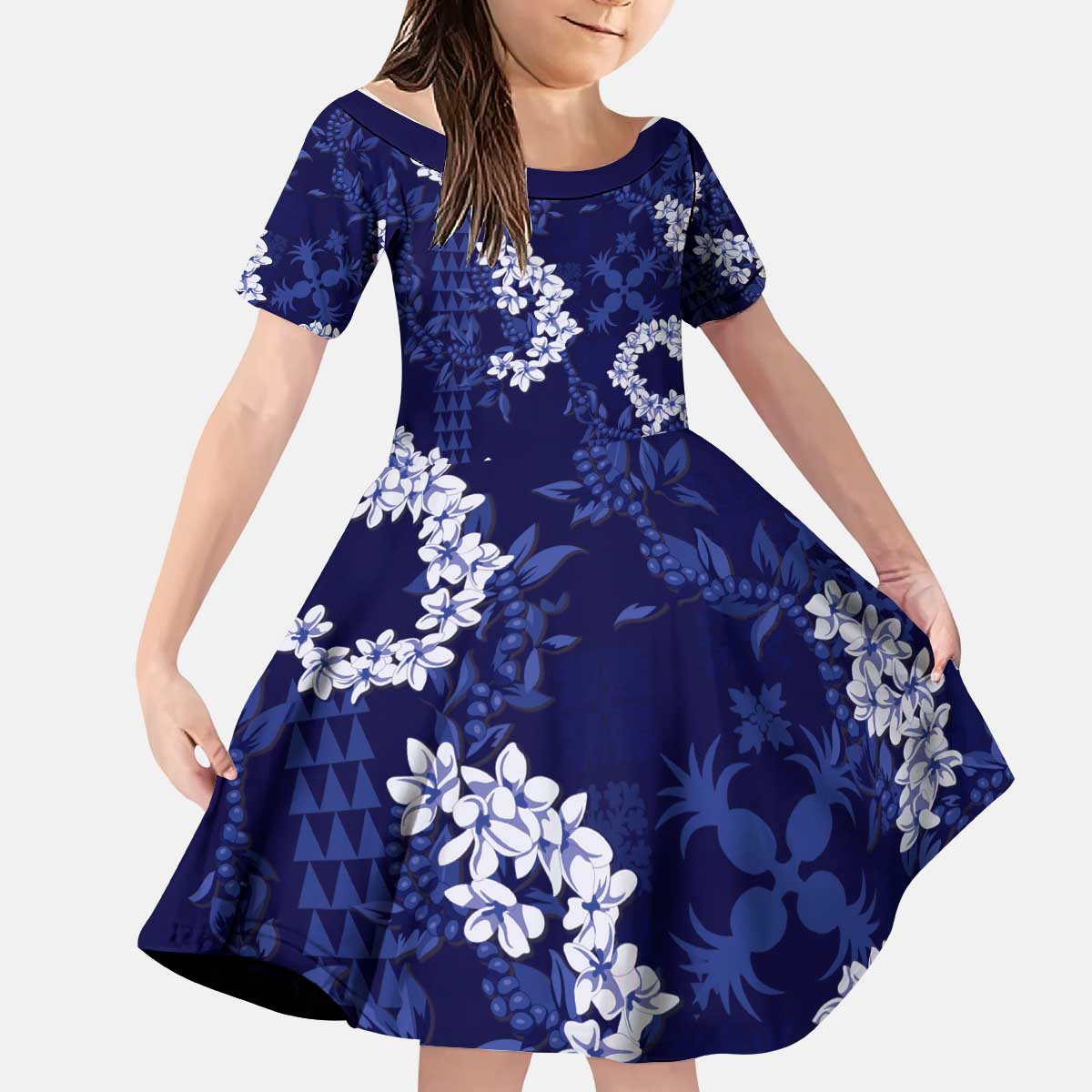 Mokihana Maile and Ilima Leis Kid Short Sleeve Dress Uliuli Hawaiian Tapa Quilt Pattern - Polynesian Pride
