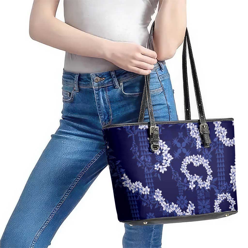 Mokihana Maile and Ilima Leis Leather Tote Bag Uliuli Hawaiian Tapa Quilt Pattern - Polynesian Pride