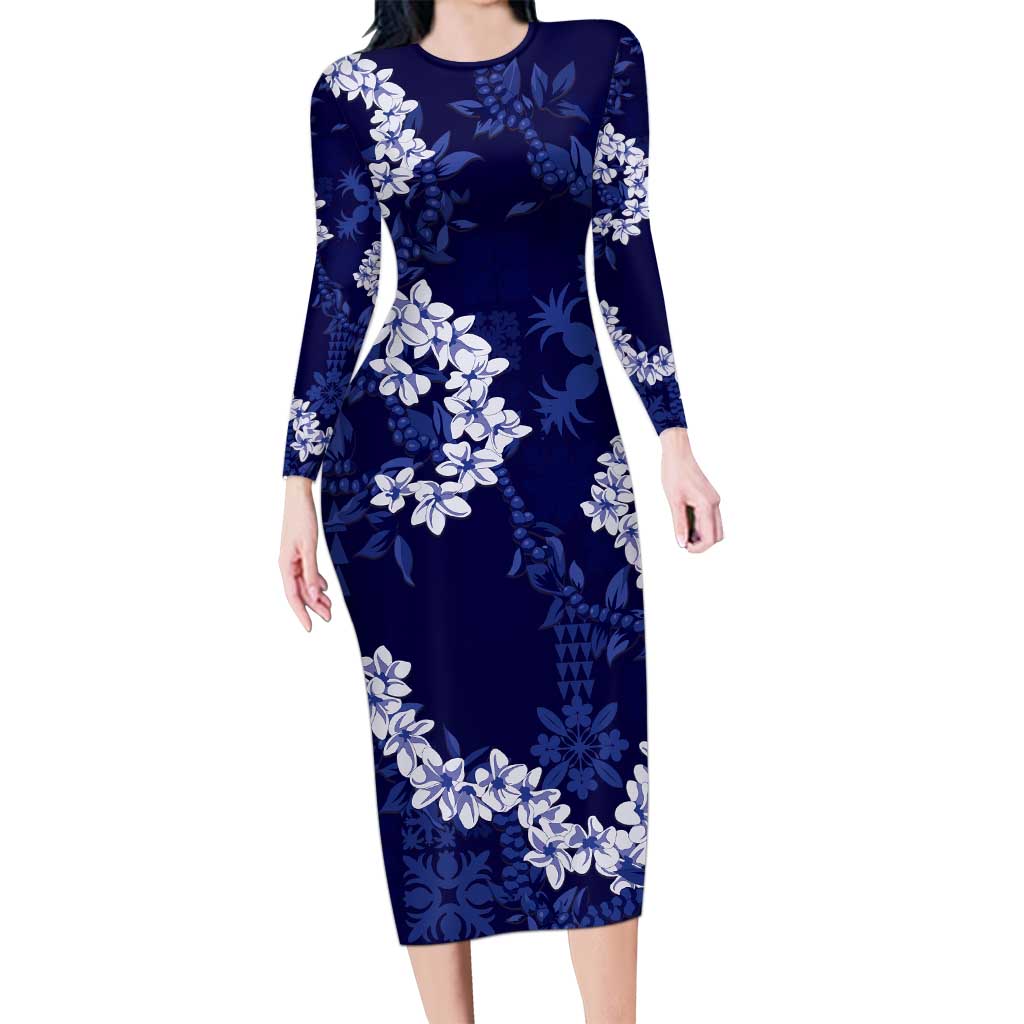 Mokihana Maile and Ilima Leis Long Sleeve Bodycon Dress Uliuli Hawaiian Tapa Quilt Pattern - Polynesian Pride