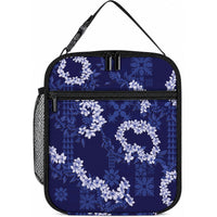 Mokihana Maile and Ilima Leis Lunch Bag Uliuli Hawaiian Tapa Quilt Pattern LT9 10.2 × 8.3 × 4.3 inch Blue - Polynesian Pride