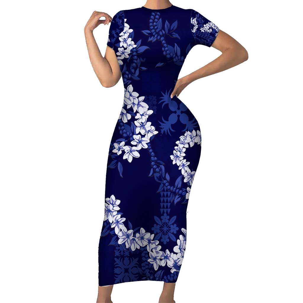 Mokihana Maile and Ilima Leis Short Sleeve Bodycon Dress Uliuli Hawaiian Tapa Quilt Pattern - Polynesian Pride