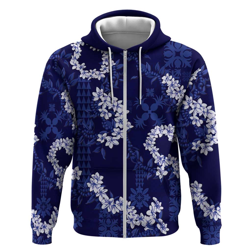 Mokihana Maile and Ilima Leis Zip Hoodie Uliuli Hawaiian Tapa Quilt Pattern LT9 Zip Hoodie Blue - Polynesian Pride