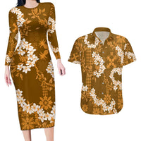 Mokihana Maile and Ilima Leis Couples Matching Long Sleeve Bodycon Dress and Hawaiian Shirt Alani Hawaiian Tapa Quilt Pattern LT9 Gold - Polynesian Pride