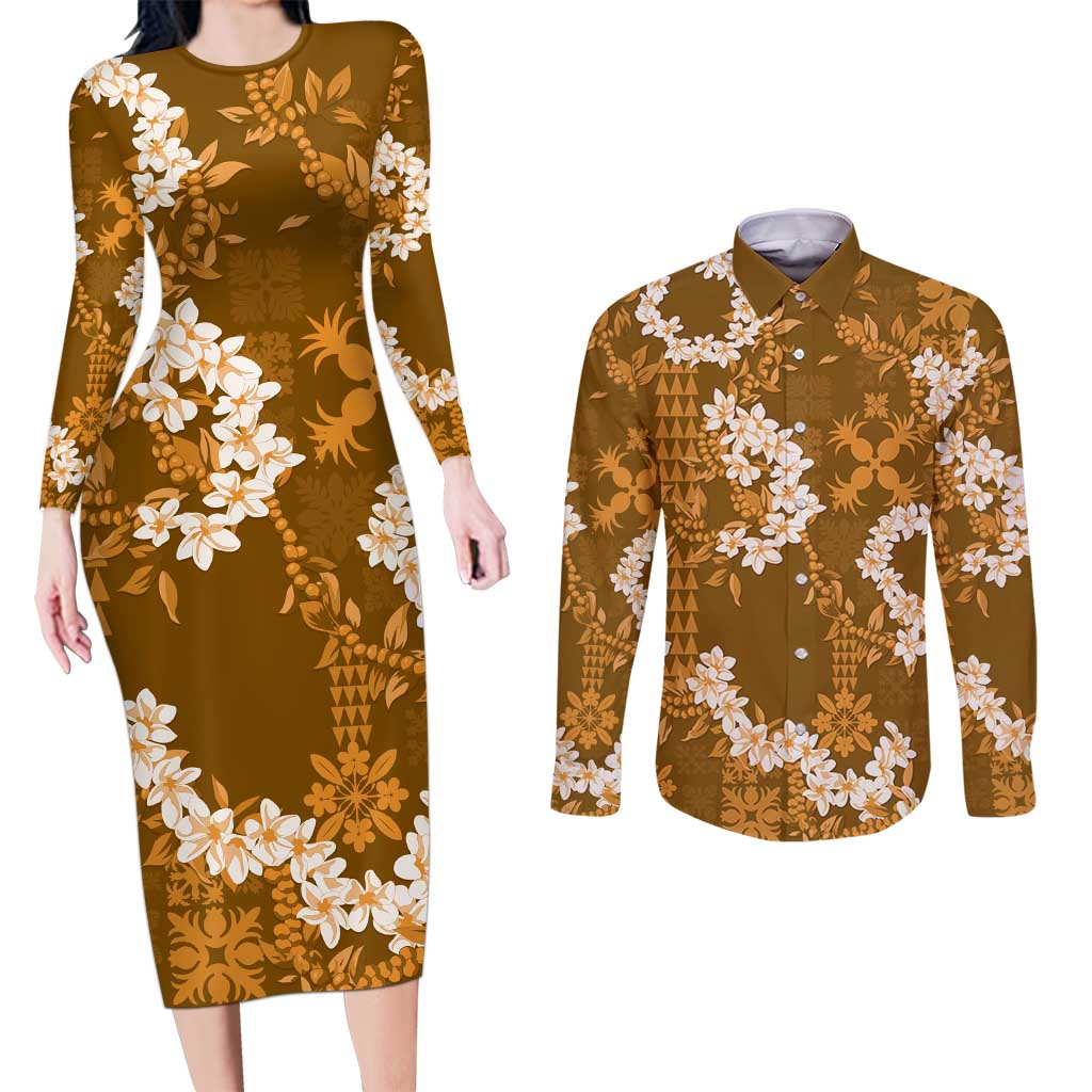 Mokihana Maile and Ilima Leis Couples Matching Long Sleeve Bodycon Dress and Long Sleeve Button Shirt Alani Hawaiian Tapa Quilt Pattern LT9 Gold - Polynesian Pride
