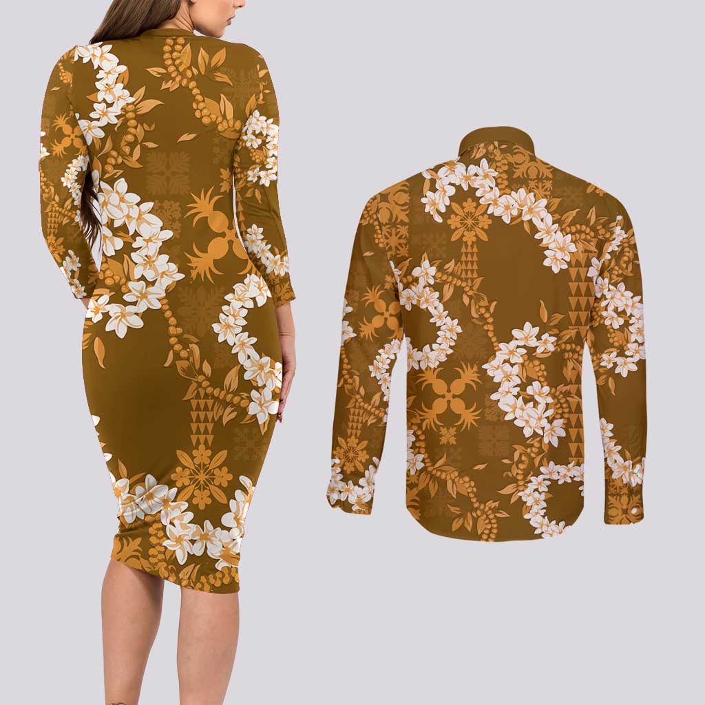 Mokihana Maile and Ilima Leis Couples Matching Long Sleeve Bodycon Dress and Long Sleeve Button Shirt Alani Hawaiian Tapa Quilt Pattern LT9 - Polynesian Pride