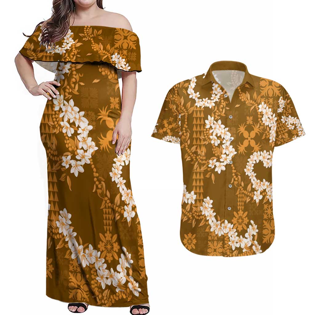 Mokihana Maile and Ilima Leis Couples Matching Off Shoulder Maxi Dress and Hawaiian Shirt Alani Hawaiian Tapa Quilt Pattern - Polynesian Pride