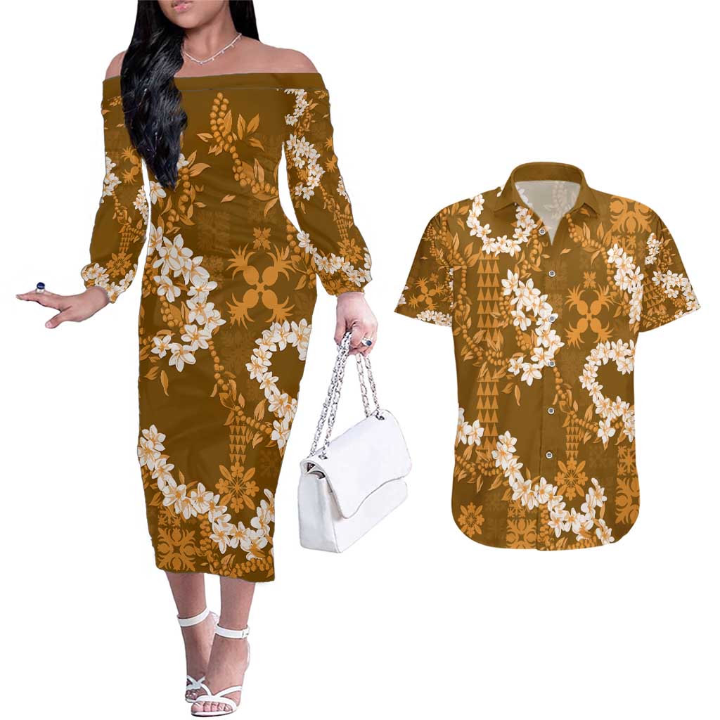 Mokihana Maile and Ilima Leis Couples Matching Off The Shoulder Long Sleeve Dress and Hawaiian Shirt Alani Hawaiian Tapa Quilt Pattern LT9 Gold - Polynesian Pride