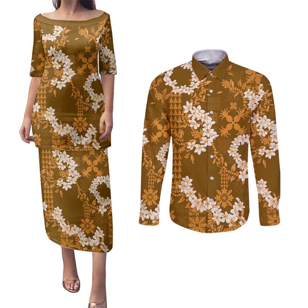Mokihana Maile and Ilima Leis Couples Matching Puletasi and Long Sleeve Button Shirt Alani Hawaiian Tapa Quilt Pattern - Polynesian Pride