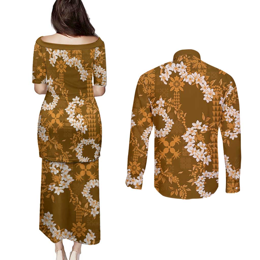 Mokihana Maile and Ilima Leis Couples Matching Puletasi and Long Sleeve Button Shirt Alani Hawaiian Tapa Quilt Pattern - Polynesian Pride