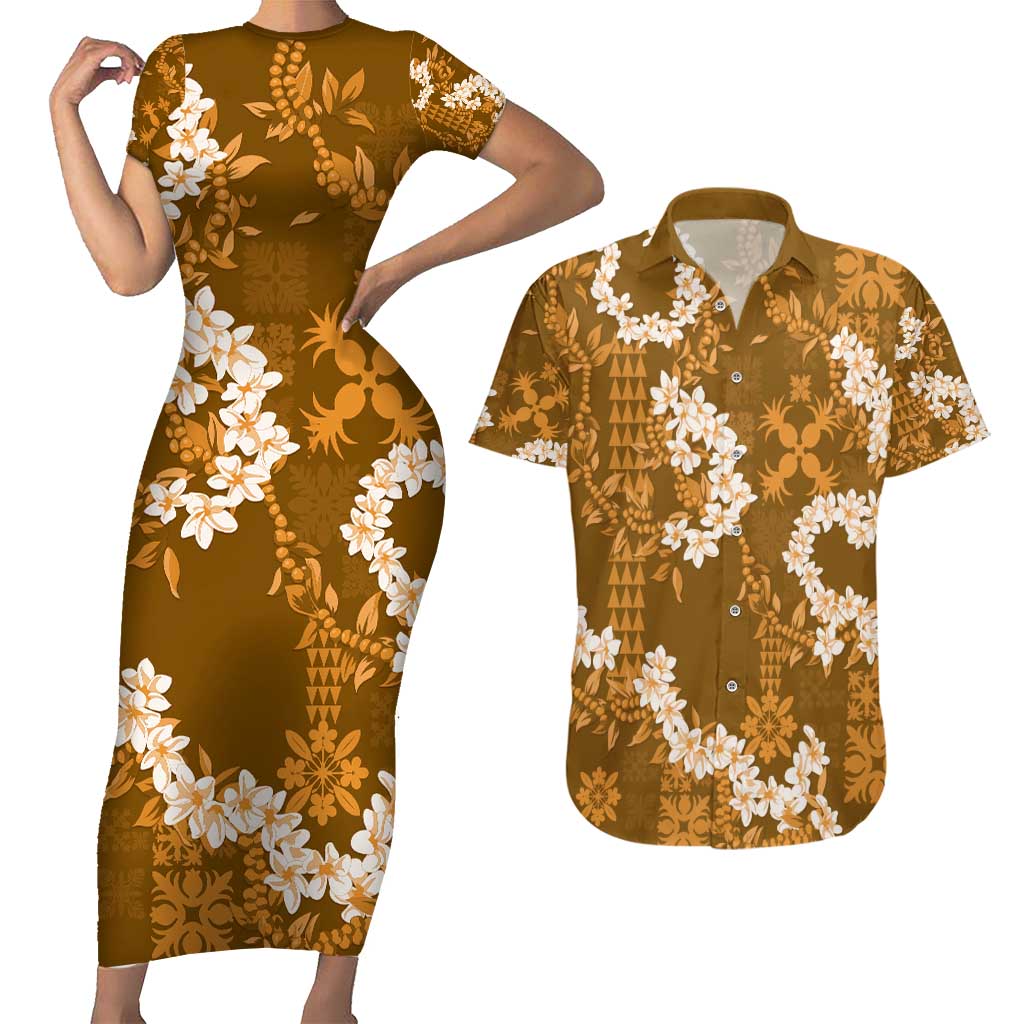 Mokihana Maile and Ilima Leis Couples Matching Short Sleeve Bodycon Dress and Hawaiian Shirt Alani Hawaiian Tapa Quilt Pattern LT9 Gold - Polynesian Pride