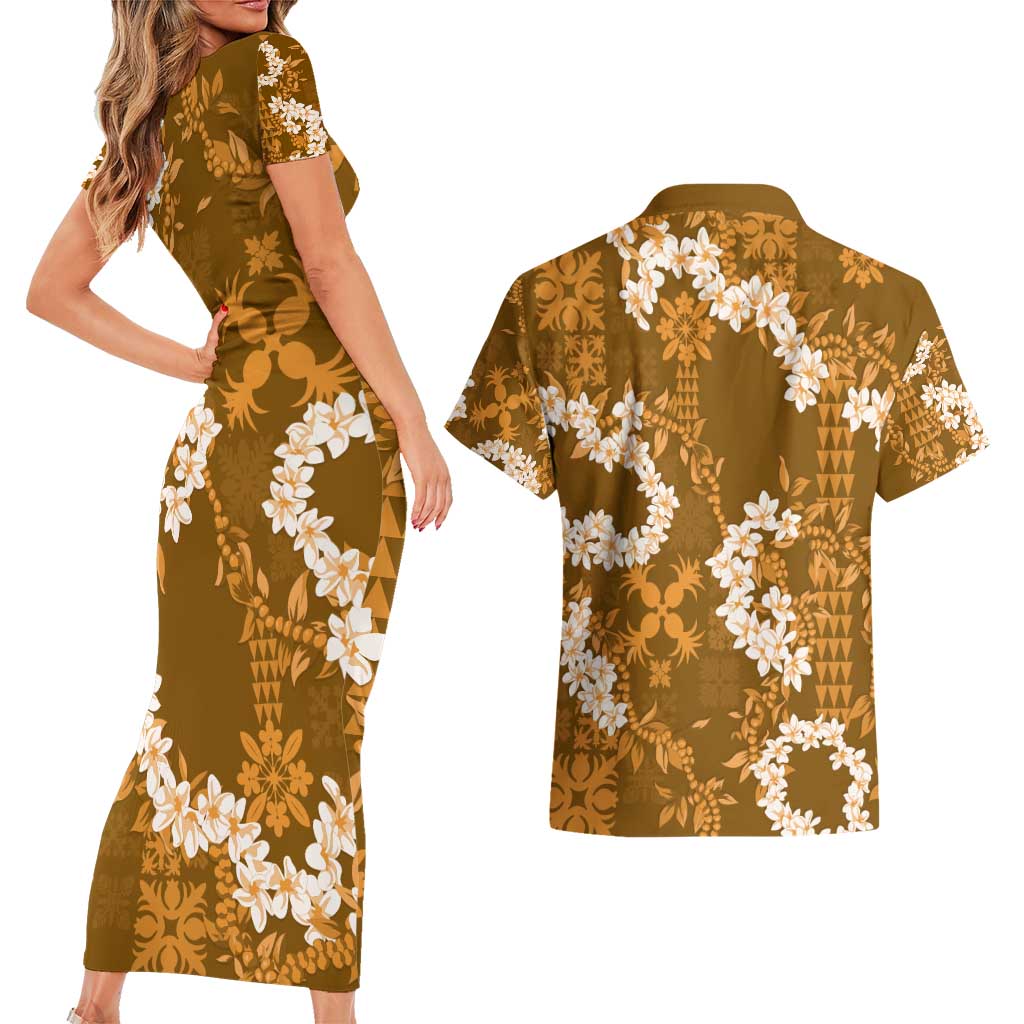 Mokihana Maile and Ilima Leis Couples Matching Short Sleeve Bodycon Dress and Hawaiian Shirt Alani Hawaiian Tapa Quilt Pattern LT9 - Polynesian Pride