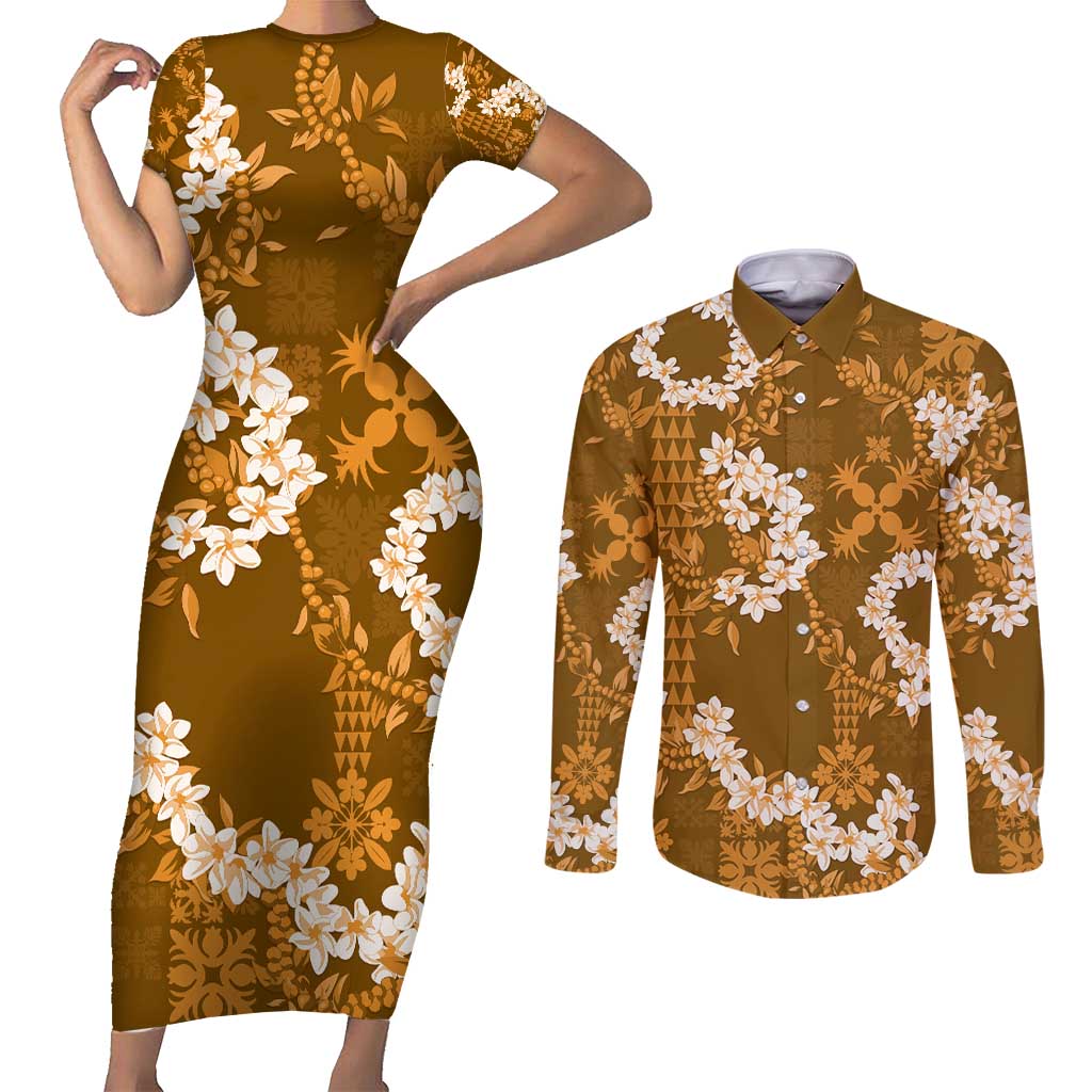 Mokihana Maile and Ilima Leis Couples Matching Short Sleeve Bodycon Dress and Long Sleeve Button Shirt Alani Hawaiian Tapa Quilt Pattern LT9 Gold - Polynesian Pride