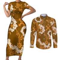 Mokihana Maile and Ilima Leis Couples Matching Short Sleeve Bodycon Dress and Long Sleeve Button Shirt Alani Hawaiian Tapa Quilt Pattern LT9 Gold - Polynesian Pride