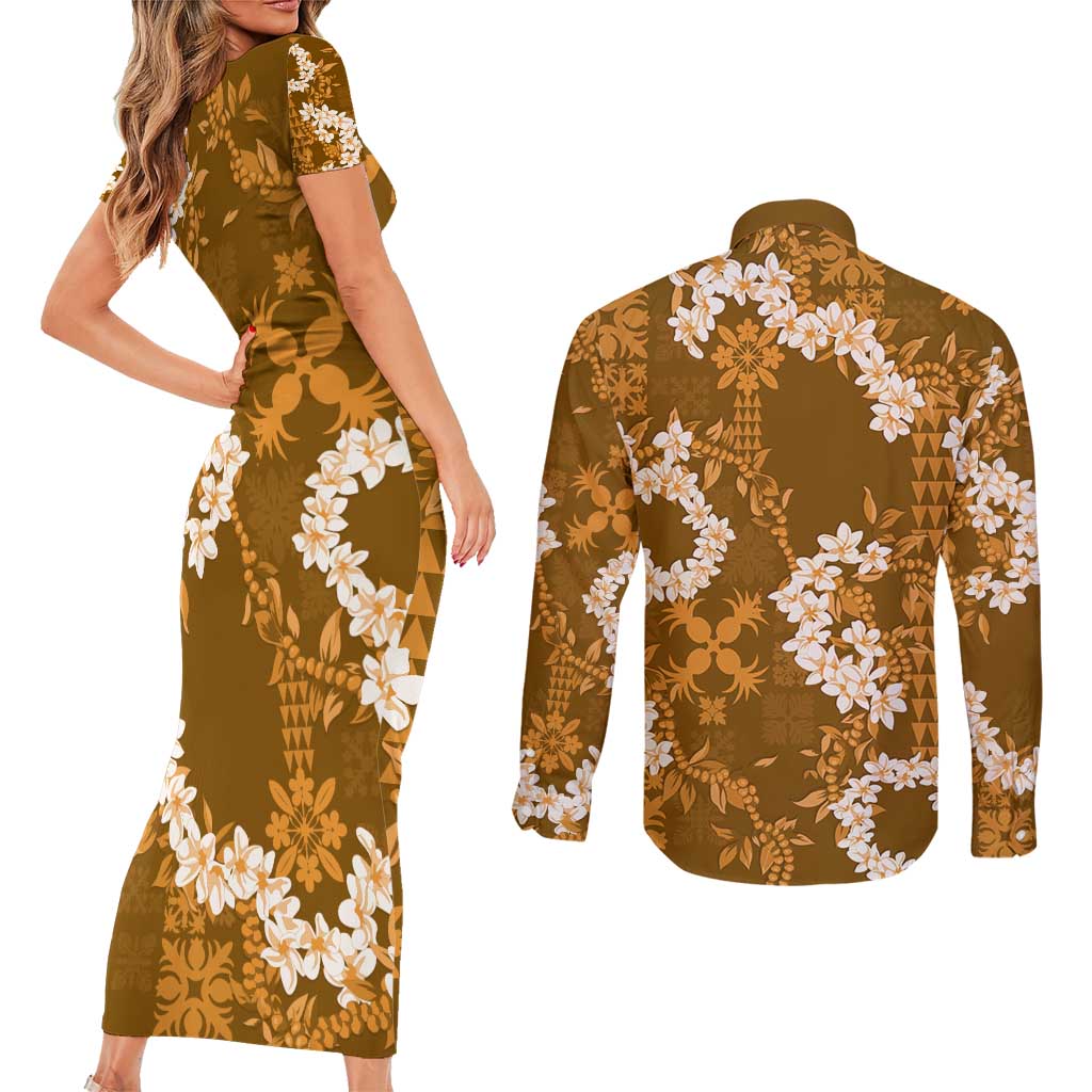 Mokihana Maile and Ilima Leis Couples Matching Short Sleeve Bodycon Dress and Long Sleeve Button Shirt Alani Hawaiian Tapa Quilt Pattern LT9 - Polynesian Pride