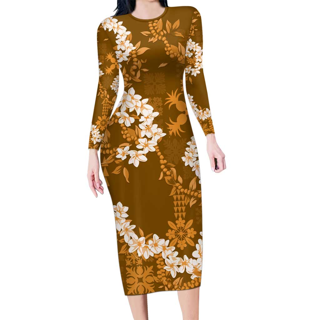 Mokihana Maile and Ilima Leis Family Matching Long Sleeve Bodycon Dress and Hawaiian Shirt Alani Hawaiian Tapa Quilt Pattern LT9 Mom's Dress Gold - Polynesian Pride