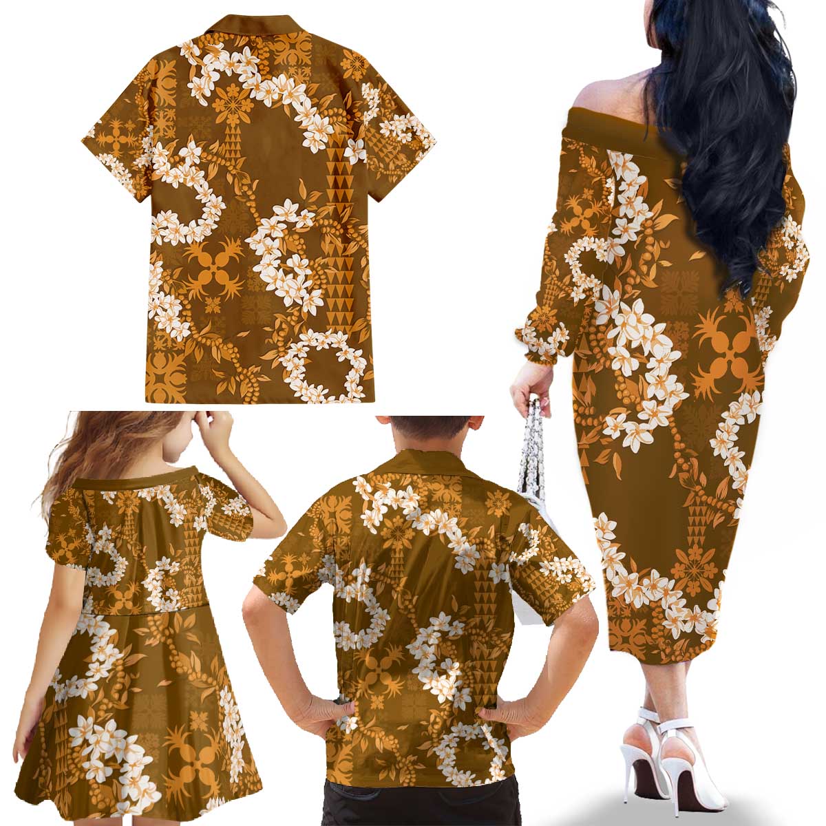 Mokihana Maile and Ilima Leis Family Matching Off The Shoulder Long Sleeve Dress and Hawaiian Shirt Alani Hawaiian Tapa Quilt Pattern LT9 - Polynesian Pride