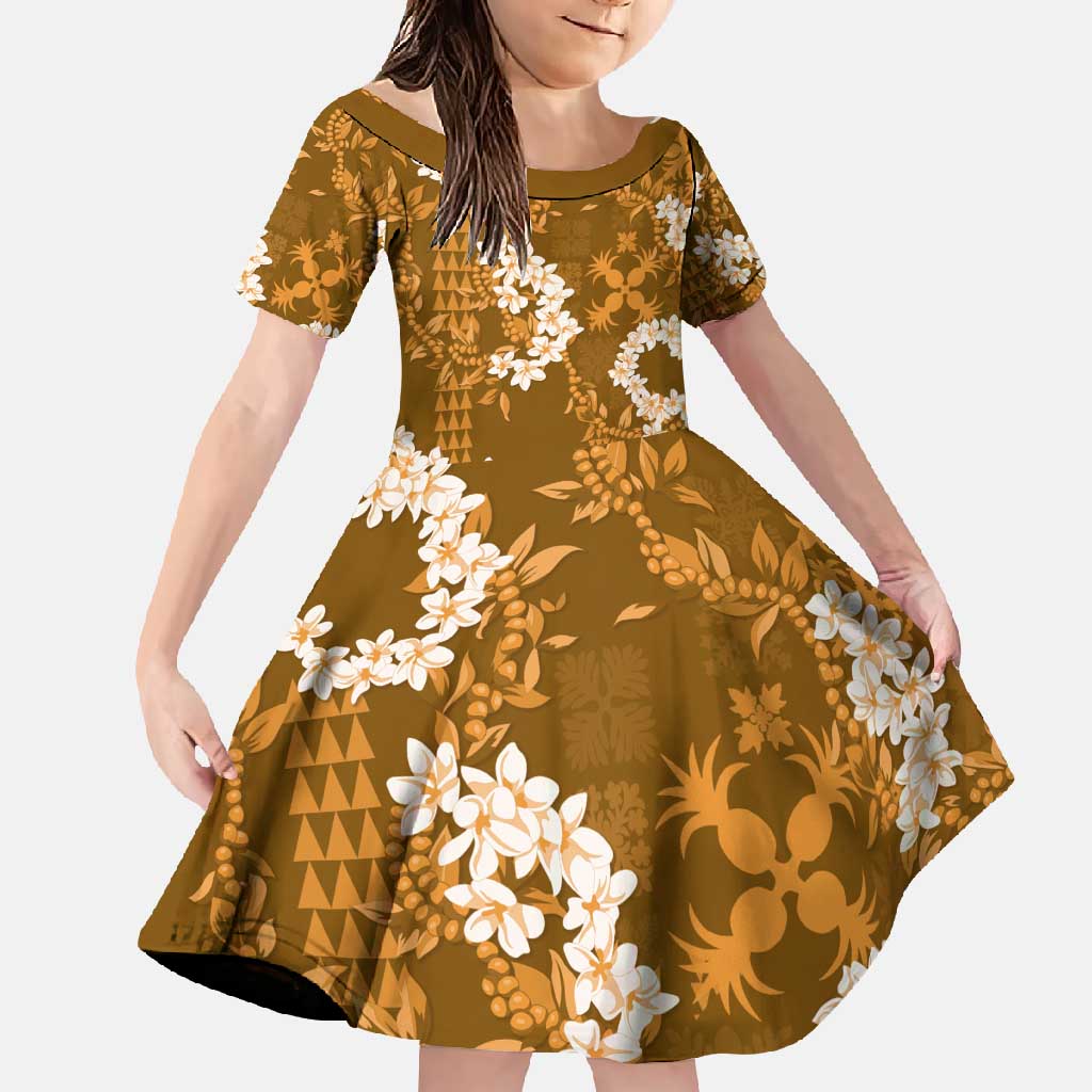 Mokihana Maile and Ilima Leis Family Matching Off Shoulder Maxi Dress and Hawaiian Shirt Alani Hawaiian Tapa Quilt Pattern LT9 Daughter's Dress Gold - Polynesian Pride