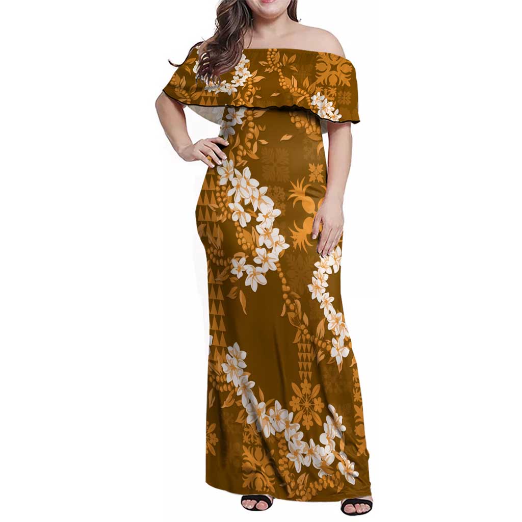 Mokihana Maile and Ilima Leis Family Matching Off Shoulder Maxi Dress and Hawaiian Shirt Alani Hawaiian Tapa Quilt Pattern LT9 Mom's Dress Gold - Polynesian Pride
