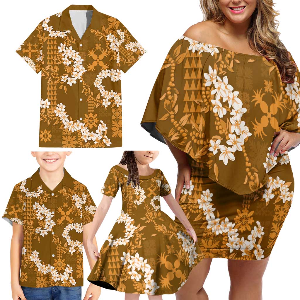 Mokihana Maile and Ilima Leis Family Matching Off Shoulder Short Dress and Hawaiian Shirt Alani Hawaiian Tapa Quilt Pattern LT9 - Polynesian Pride