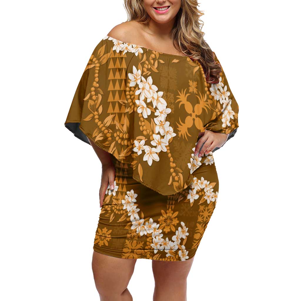 Mokihana Maile and Ilima Leis Family Matching Off Shoulder Short Dress and Hawaiian Shirt Alani Hawaiian Tapa Quilt Pattern LT9 Mom's Dress Gold - Polynesian Pride