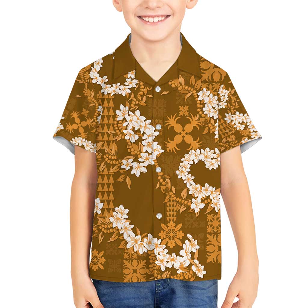 Mokihana Maile and Ilima Leis Family Matching Off Shoulder Short Dress and Hawaiian Shirt Alani Hawaiian Tapa Quilt Pattern LT9 Son's Shirt Gold - Polynesian Pride