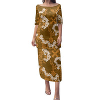 Mokihana Maile and Ilima Leis Family Matching Puletasi and Hawaiian Shirt Alani Hawaiian Tapa Quilt Pattern LT9 Mom's Dress Gold - Polynesian Pride