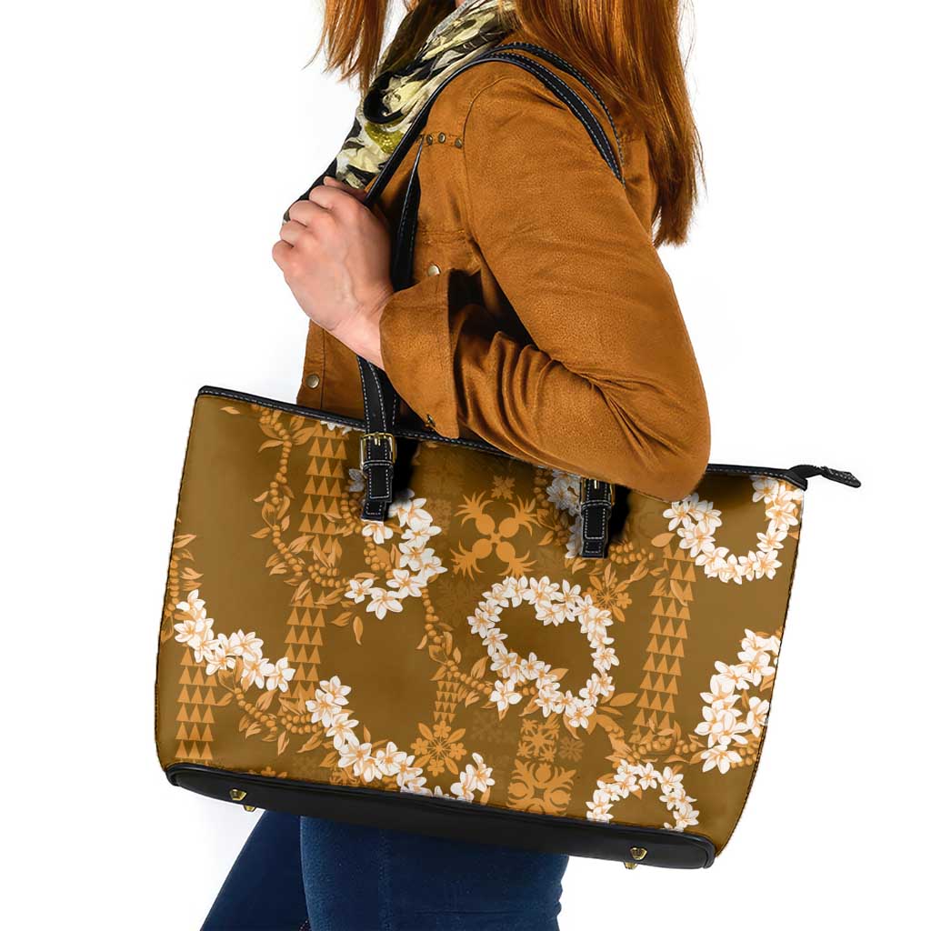 Mokihana Maile and Ilima Leis Leather Tote Bag Alani Hawaiian Tapa Quilt Pattern LT9 Gold - Polynesian Pride