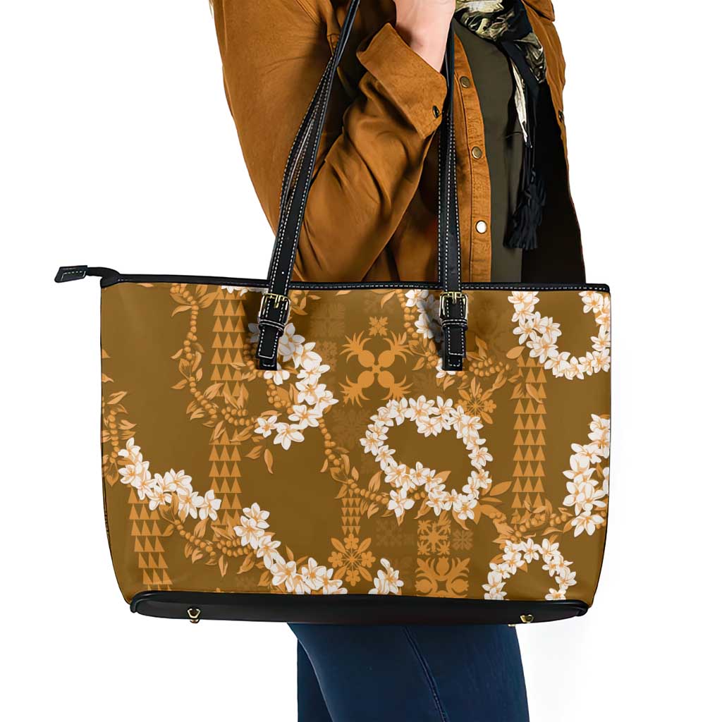 Mokihana Maile and Ilima Leis Leather Tote Bag Alani Hawaiian Tapa Quilt Pattern LT9 - Polynesian Pride