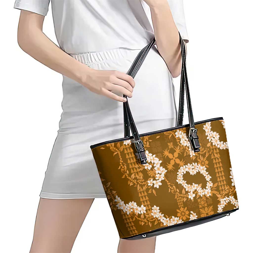 Mokihana Maile and Ilima Leis Leather Tote Bag Alani Hawaiian Tapa Quilt Pattern LT9 - Polynesian Pride