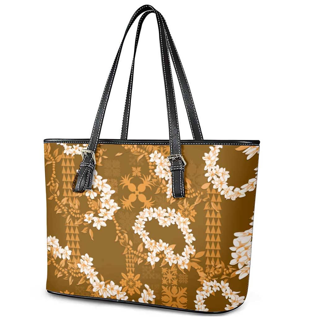 Mokihana Maile and Ilima Leis Leather Tote Bag Alani Hawaiian Tapa Quilt Pattern LT9 - Polynesian Pride