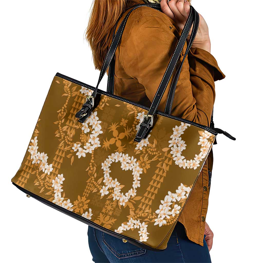 Mokihana Maile and Ilima Leis Leather Tote Bag Alani Hawaiian Tapa Quilt Pattern LT9 - Polynesian Pride