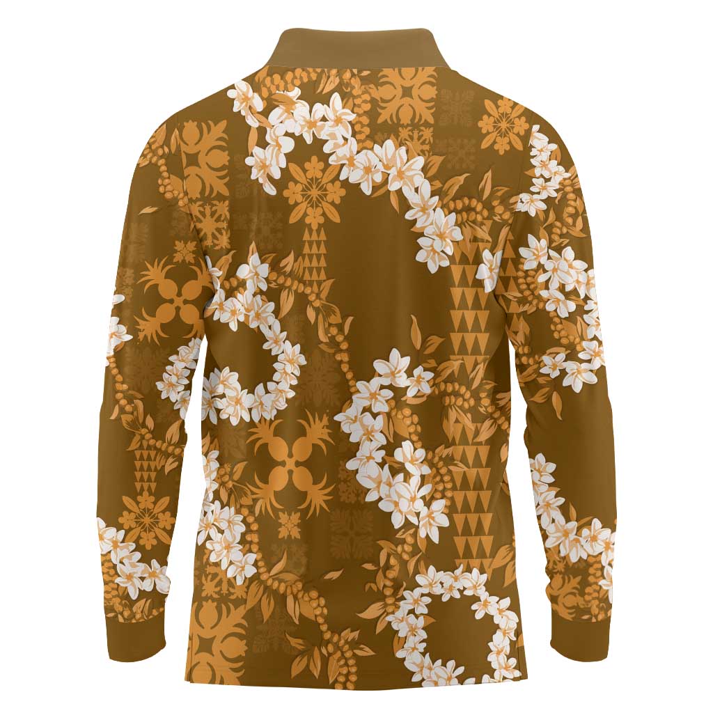 Mokihana Maile and Ilima Leis Long Sleeve Polo Shirt Alani Hawaiian Tapa Quilt Pattern - Polynesian Pride