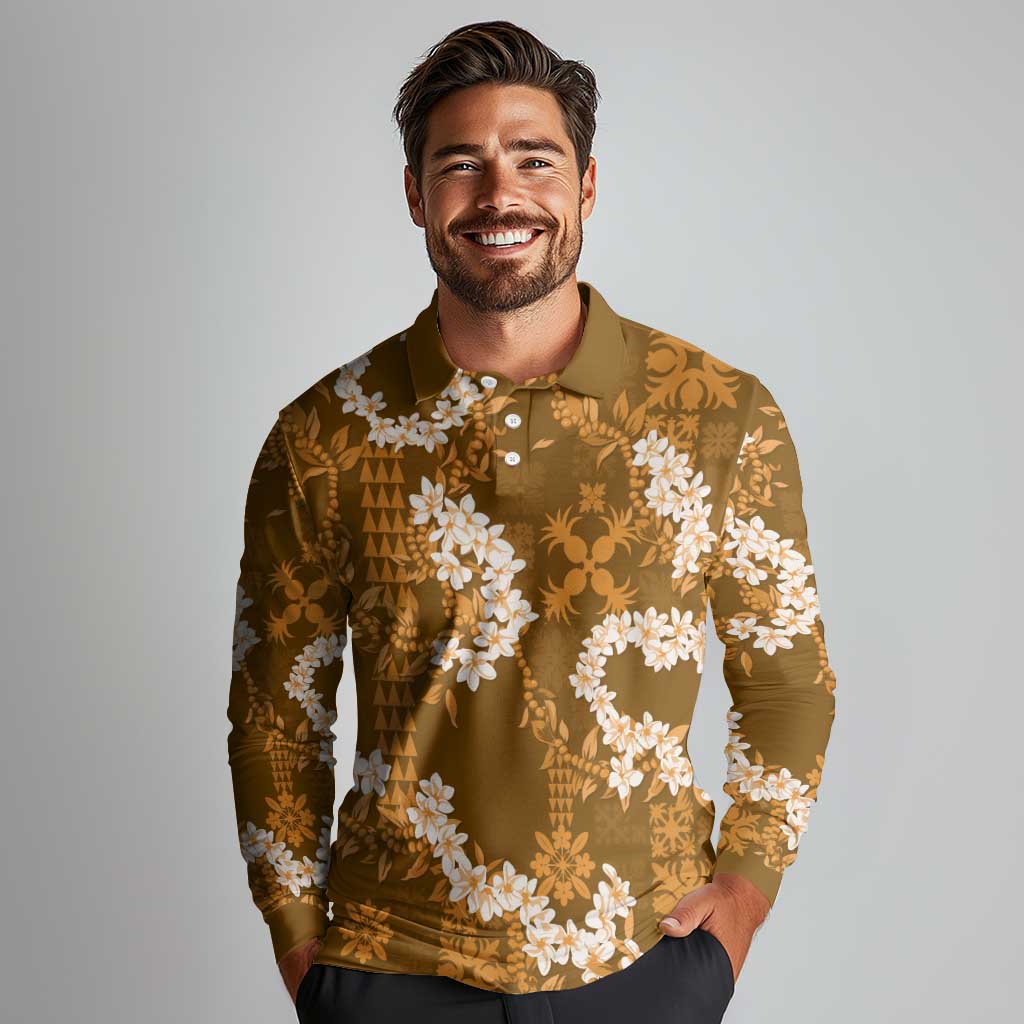 Mokihana Maile and Ilima Leis Long Sleeve Polo Shirt Alani Hawaiian Tapa Quilt Pattern - Polynesian Pride