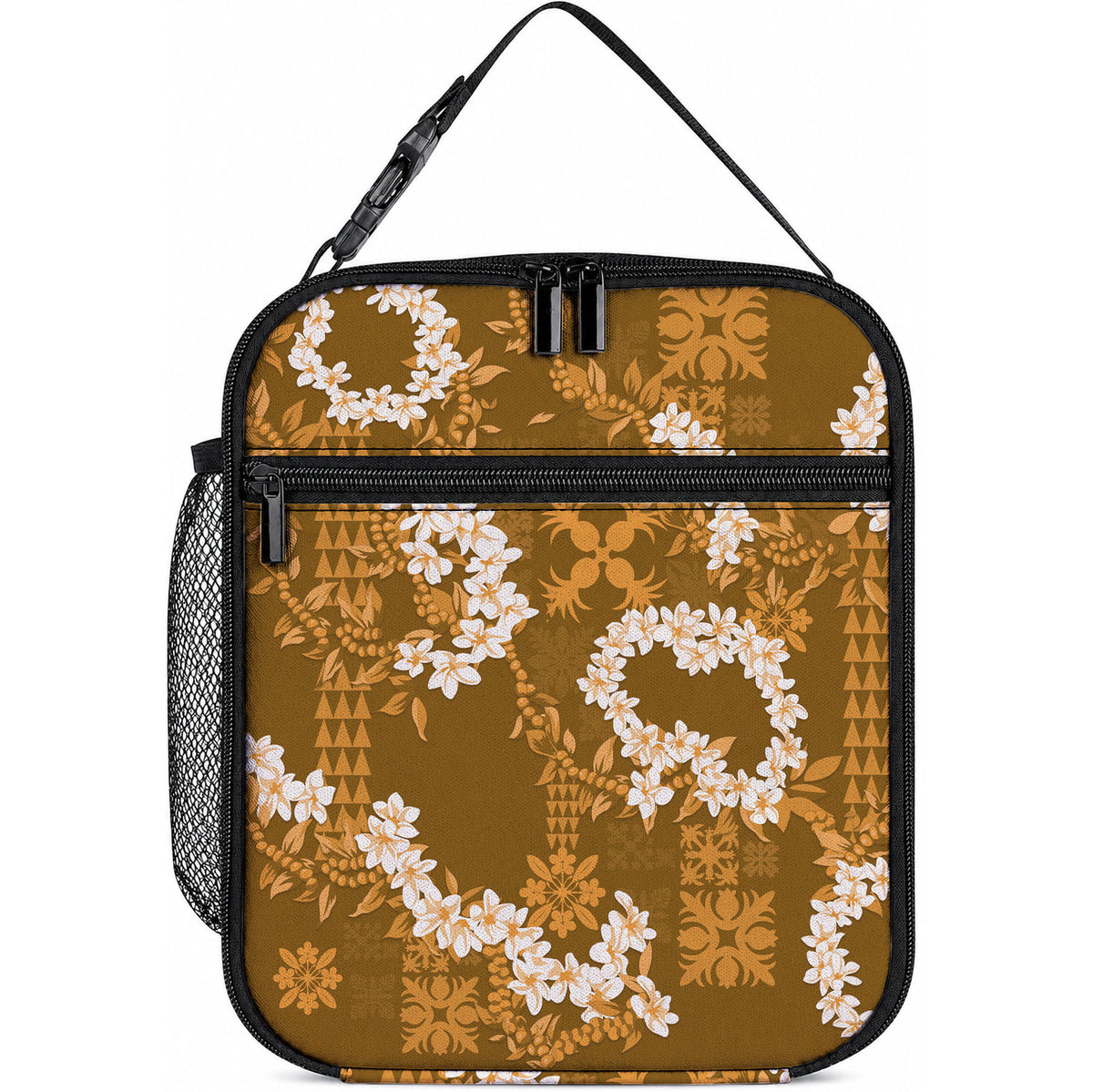 Mokihana Maile and Ilima Leis Lunch Bag Alani Hawaiian Tapa Quilt Pattern LT9 10.2 × 8.3 × 4.3 inch Gold - Polynesian Pride