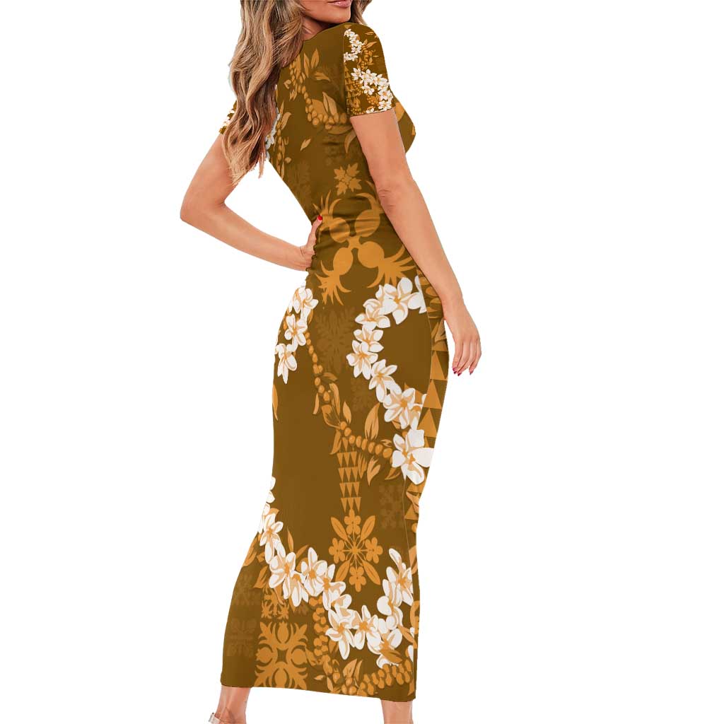 Mokihana Maile and Ilima Leis Short Sleeve Bodycon Dress Alani Hawaiian Tapa Quilt Pattern - Polynesian Pride