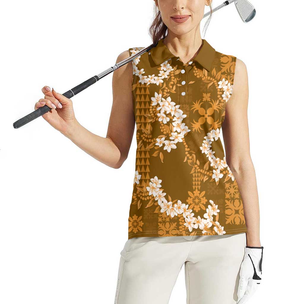 Mokihana Maile and Ilima Leis Women Sleeveless Polo Shirt Alani Hawaiian Tapa Quilt Pattern - Polynesian Pride