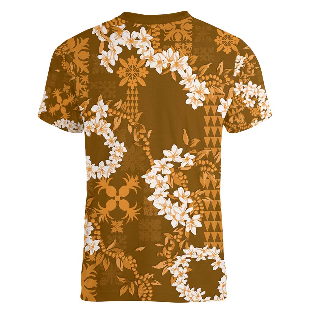 Mokihana Maile and Ilima Leis Women V-Neck T-Shirt Alani Hawaiian Tapa Quilt Pattern - Polynesian Pride