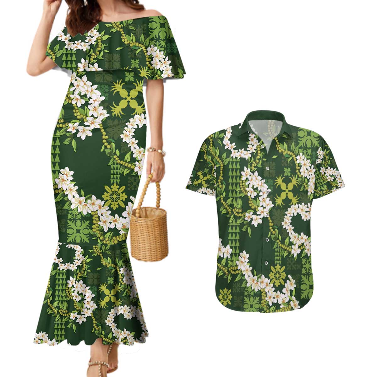 Mokihana Maile and Ilima Leis Couples Matching Mermaid Dress and Hawaiian Shirt Omaʻomaʻo Hawaiian Tapa Quilt Pattern LT9 Green - Polynesian Pride