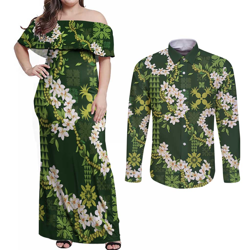 Mokihana Maile and Ilima Leis Couples Matching Off Shoulder Maxi Dress and Long Sleeve Button Shirt Omaʻomaʻo Hawaiian Tapa Quilt Pattern - Polynesian Pride