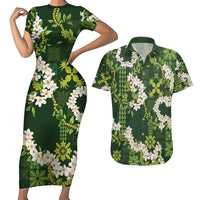 Mokihana Maile and Ilima Leis Couples Matching Short Sleeve Bodycon Dress and Hawaiian Shirt Omaʻomaʻo Hawaiian Tapa Quilt Pattern LT9 Green - Polynesian Pride