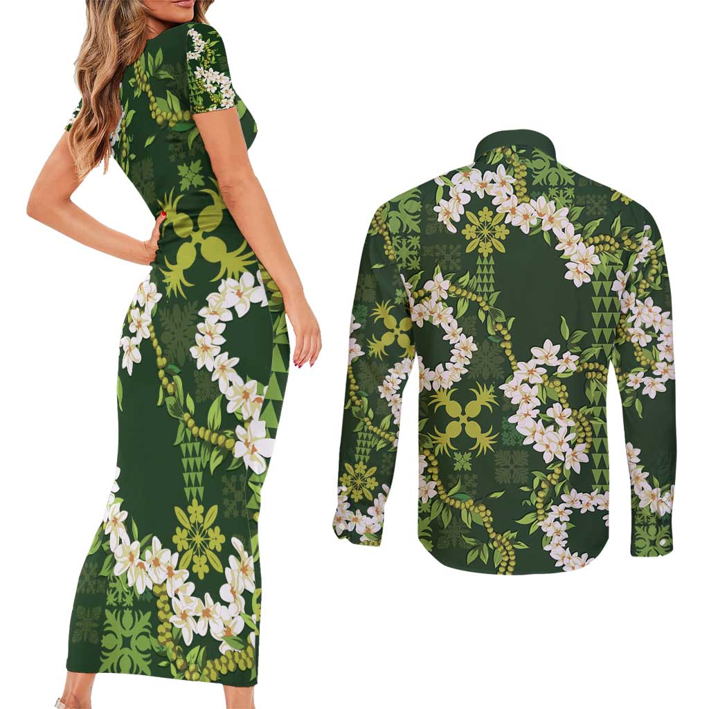 Mokihana Maile and Ilima Leis Couples Matching Short Sleeve Bodycon Dress and Long Sleeve Button Shirt Omaʻomaʻo Hawaiian Tapa Quilt Pattern - Polynesian Pride
