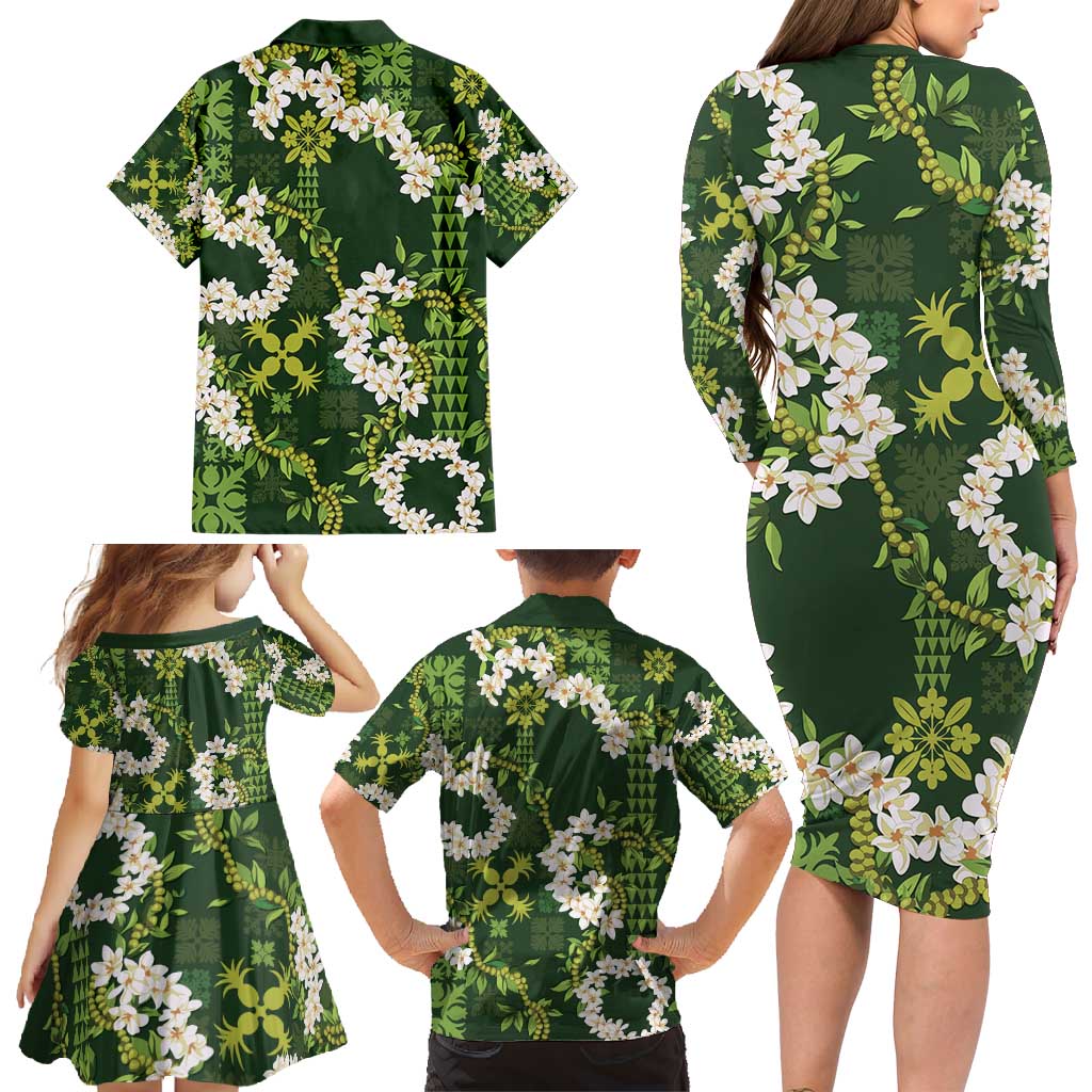 Mokihana Maile and Ilima Leis Family Matching Long Sleeve Bodycon Dress and Hawaiian Shirt Omaʻomaʻo Hawaiian Tapa Quilt Pattern LT9 - Polynesian Pride