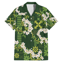 Mokihana Maile and Ilima Leis Family Matching Mermaid Dress and Hawaiian Shirt Omaʻomaʻo Hawaiian Tapa Quilt Pattern LT9 Dad's Shirt - Short Sleeve Green - Polynesian Pride