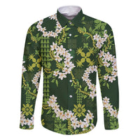 Mokihana Maile and Ilima Leis Family Matching Mermaid Dress and Hawaiian Shirt Omaʻomaʻo Hawaiian Tapa Quilt Pattern LT9 Dad's Shirt - Long Sleeve Green - Polynesian Pride